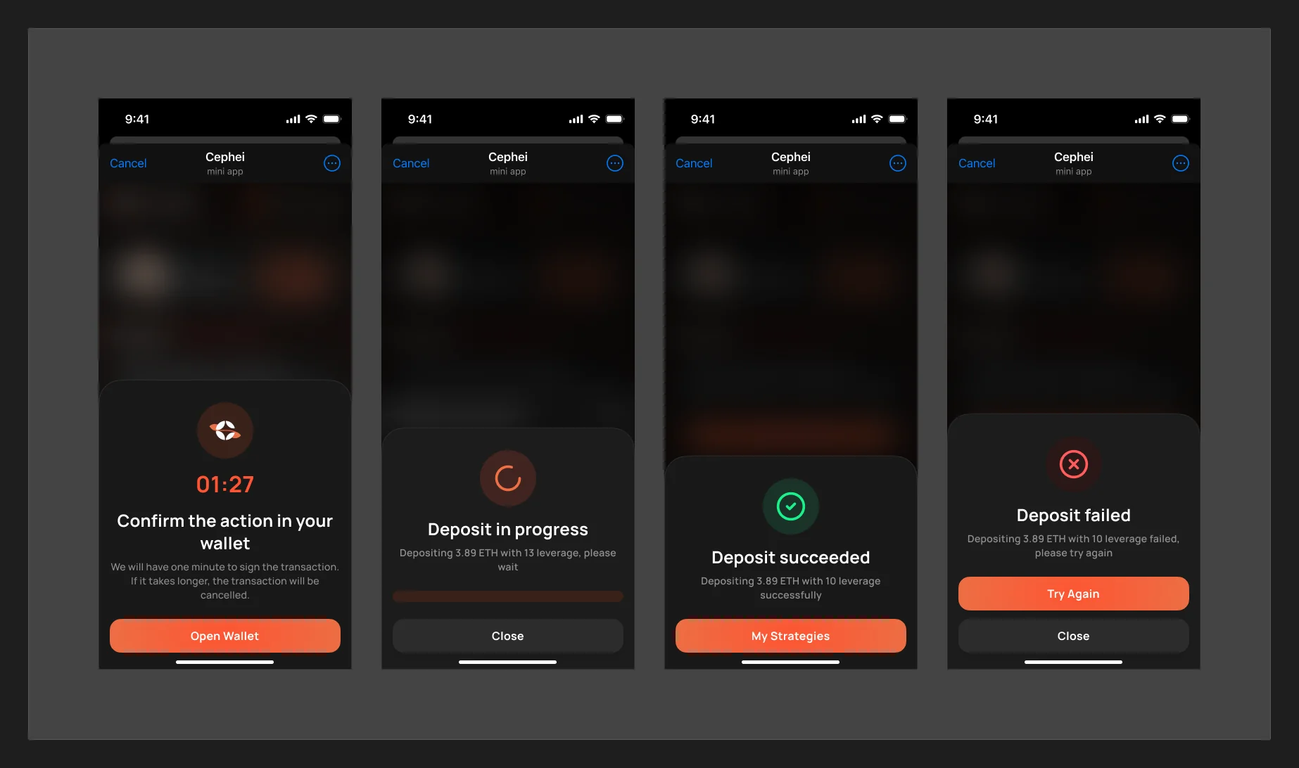 deposit states: confirm, progress, success, failure